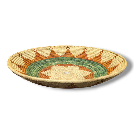 Handwoven Pakistani Coil Basket Sage Green and Cinnamon Compass Rose on Natural