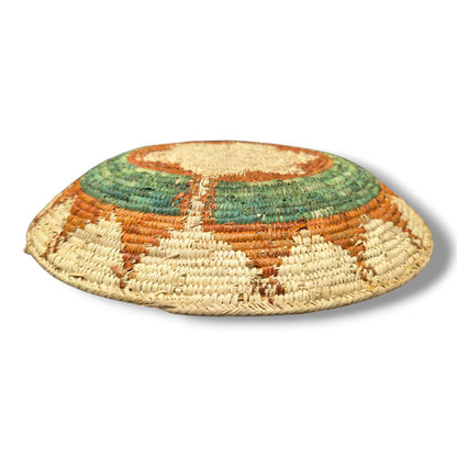 Handwoven Pakistani Coil Basket Sage Green and Cinnamon Compass Rose on Natural