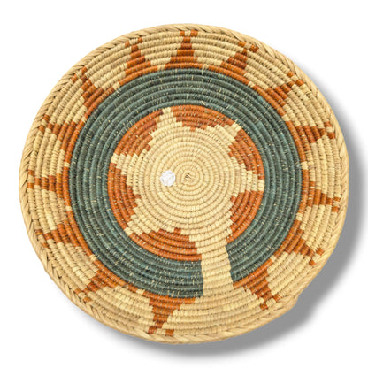 Handwoven Pakistani Coil Basket Sage Green and Cinnamon Four - Point Arrow on Natural - SunWest Treasures