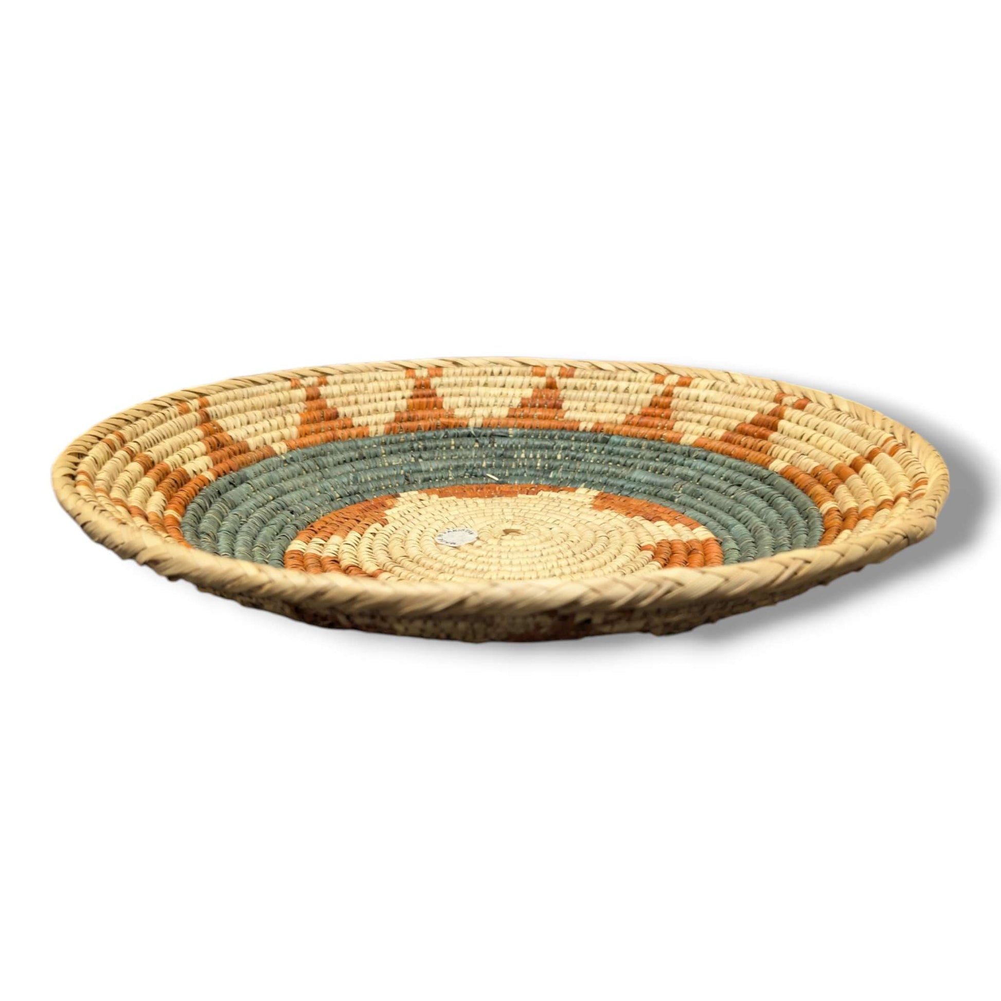 Handwoven Pakistani Coil Basket Sage Green and Cinnamon Four - Point Arrow on Natural - SunWest Treasures
