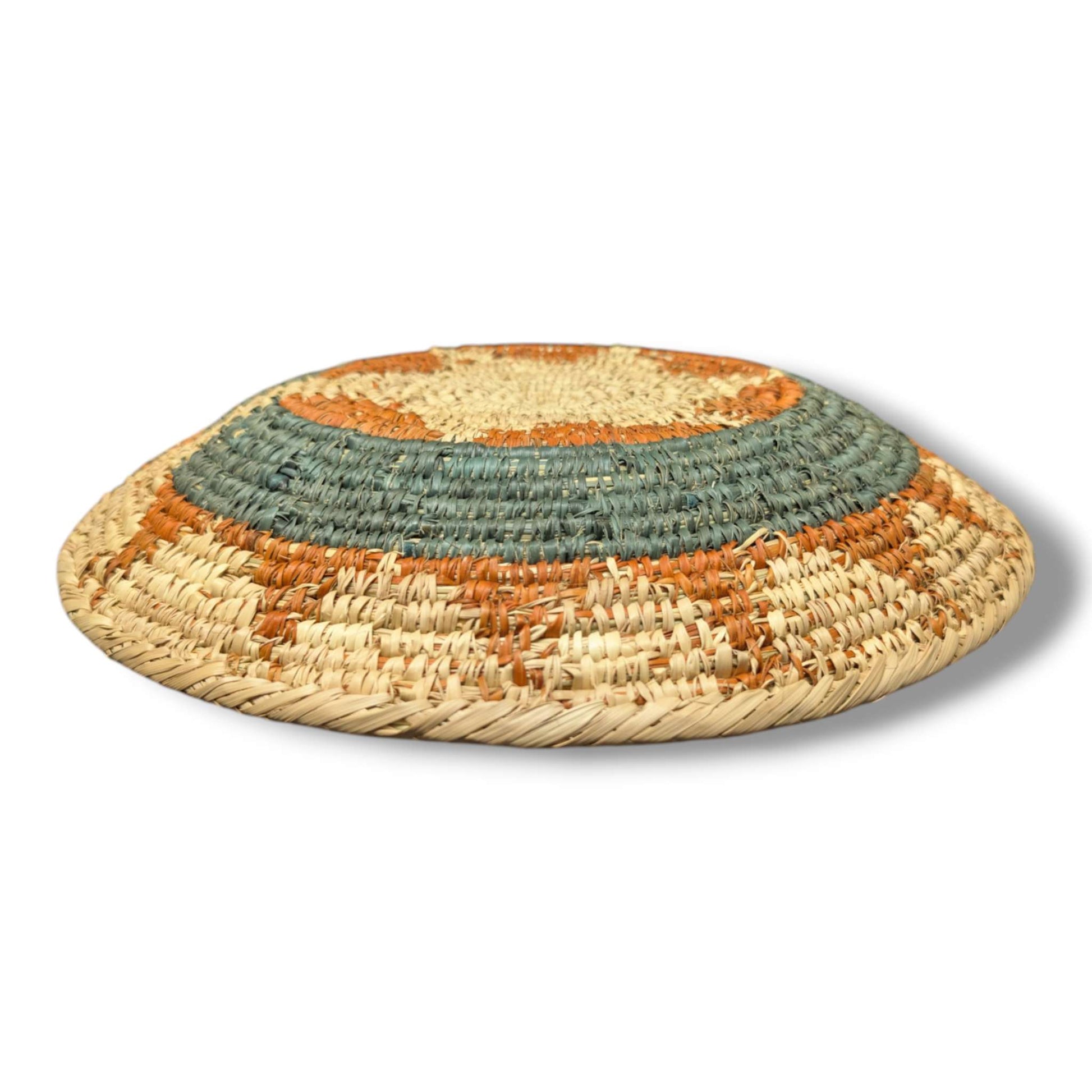 Handwoven Pakistani Coil Basket Sage Green and Cinnamon Four - Point Arrow on Natural - SunWest Treasures
