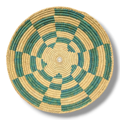 Handwoven Pakistani Coil Basket Teal Green and Natural Straw Bold Pinwheel