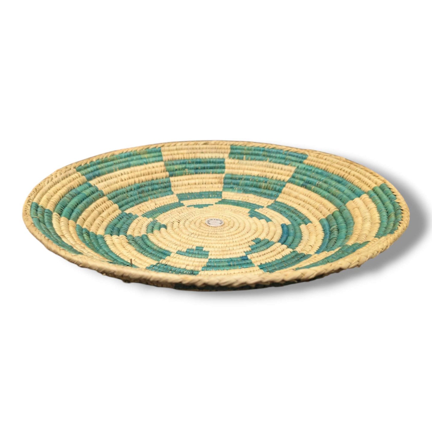 Handwoven Pakistani Coil Basket Teal Green and Natural Straw Bold Pinwheel