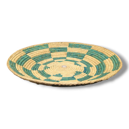 Handwoven Pakistani Coil Basket Teal Green and Natural Straw Bold Pinwheel