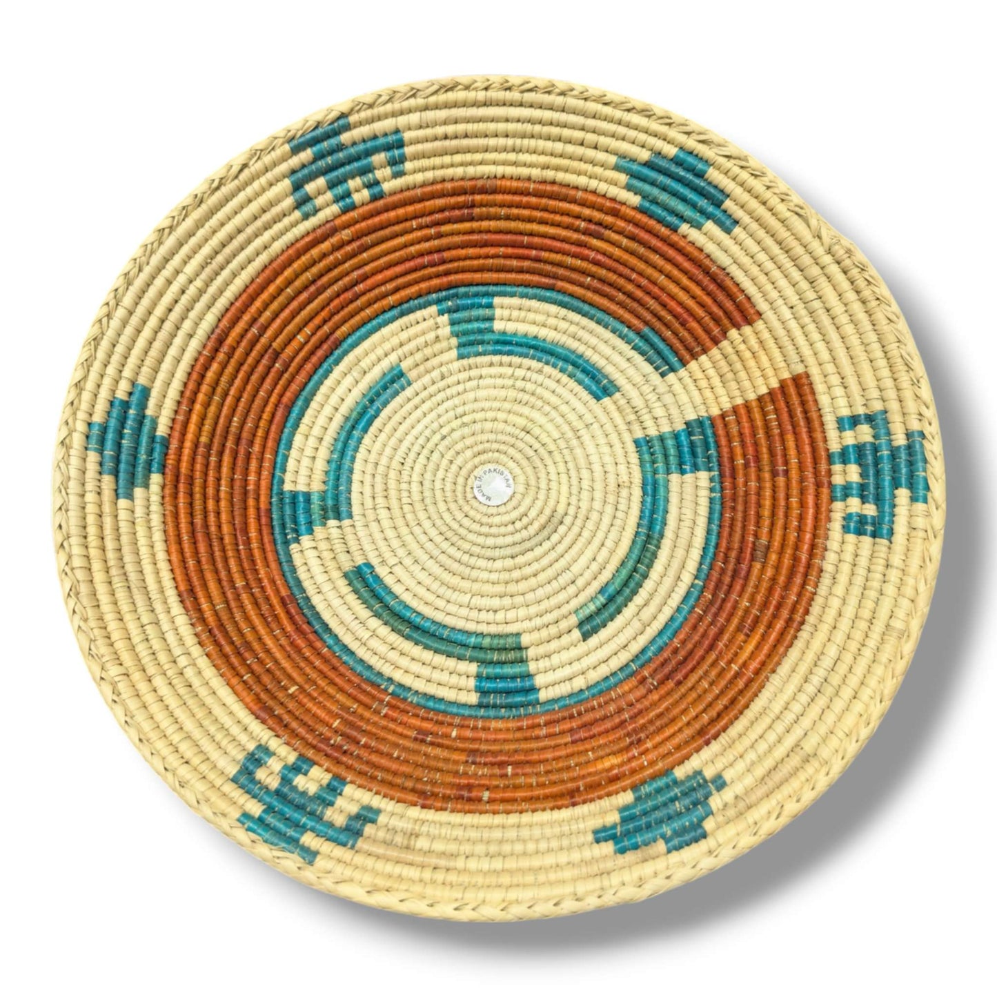 Handwoven Pakistani Coil Basket Terracotta and Teal Southwestern Step Motif - SunWest Treasures