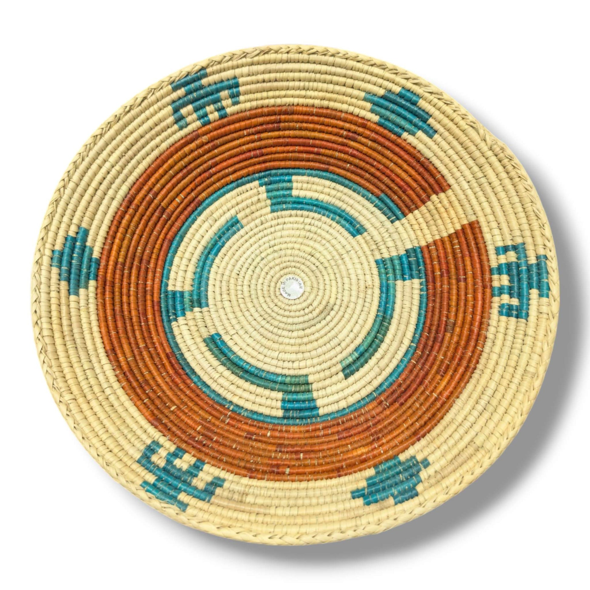 Handwoven Pakistani Coil Basket Terracotta and Teal Southwestern Step Motif - SunWest Treasures