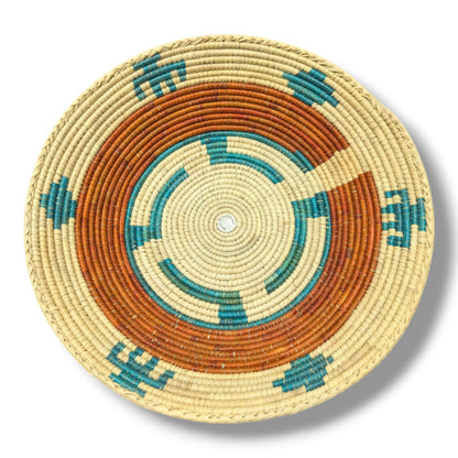 Handwoven Pakistani Coil Basket Terracotta and Teal Southwestern Step Motif - SunWest Treasures