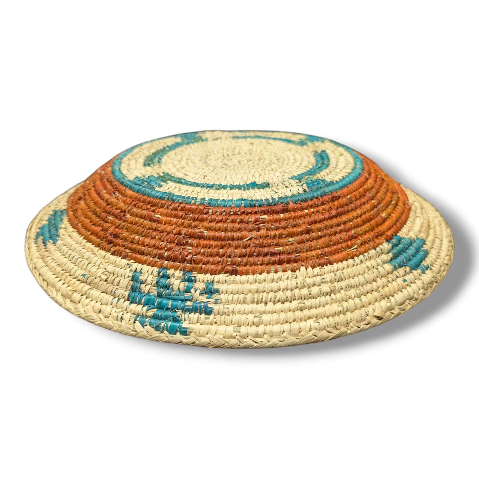 Handwoven Pakistani Coil Basket Terracotta and Teal Southwestern Step Motif - SunWest Treasures
