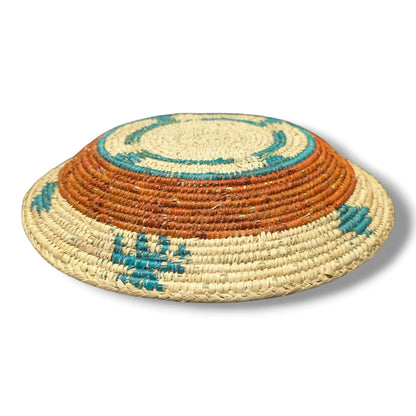 Handwoven Pakistani Coil Basket Terracotta and Teal Southwestern Step Motif - SunWest Treasures