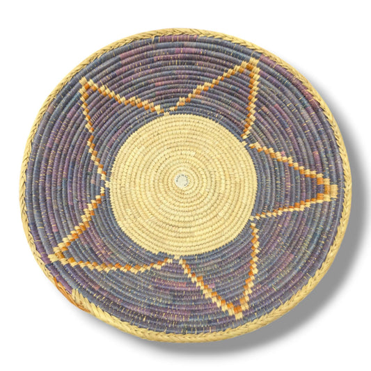 Handwoven Pakistani Coil Basket Lavender Purple and Amber Arrow Sunburst on Natural