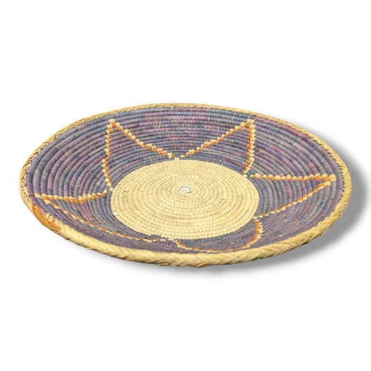 Handwoven Pakistani Coil Basket Lavender Purple and Amber Arrow Sunburst on Natural