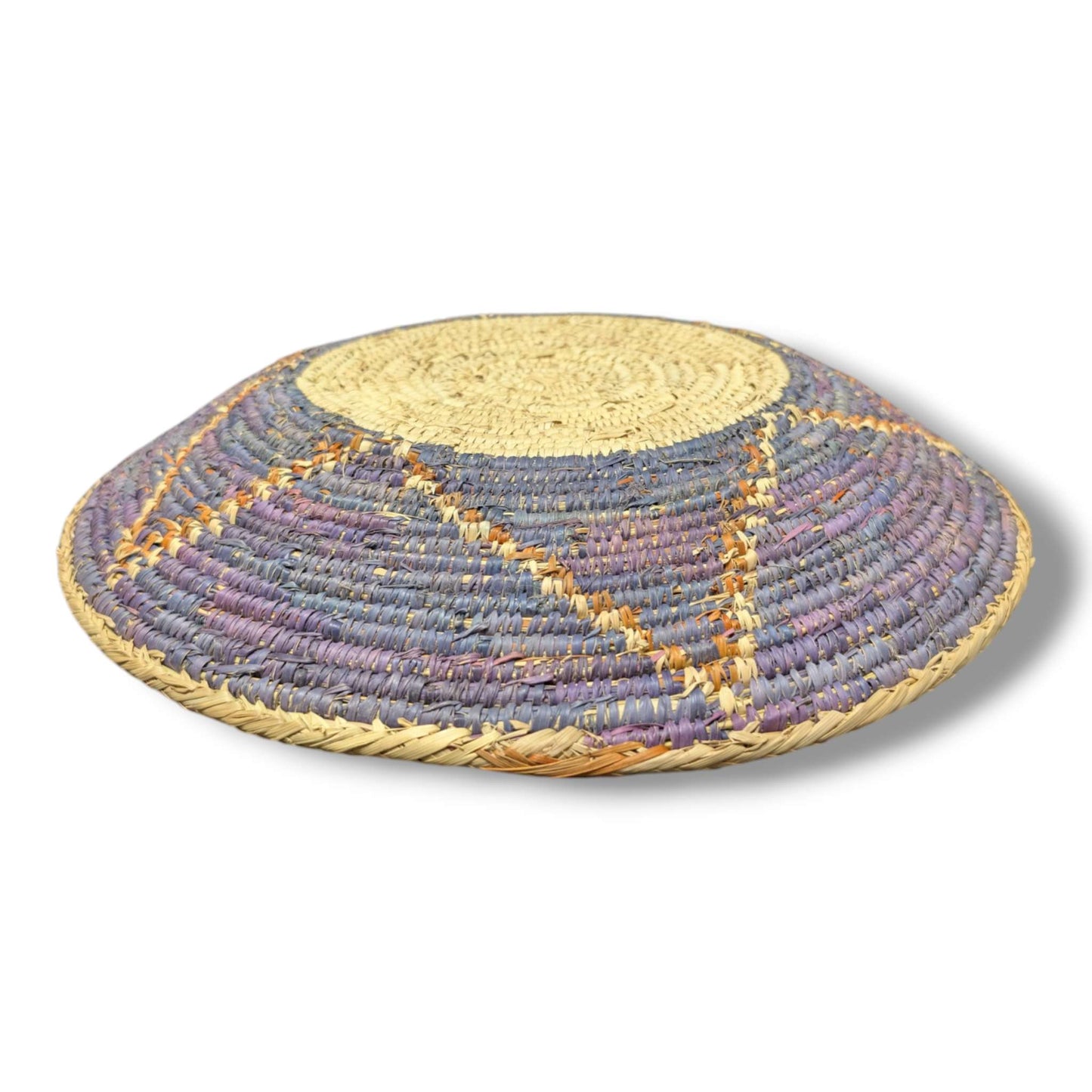 Handwoven Pakistani Coil Basket Lavender Purple and Amber Arrow Sunburst on Natural