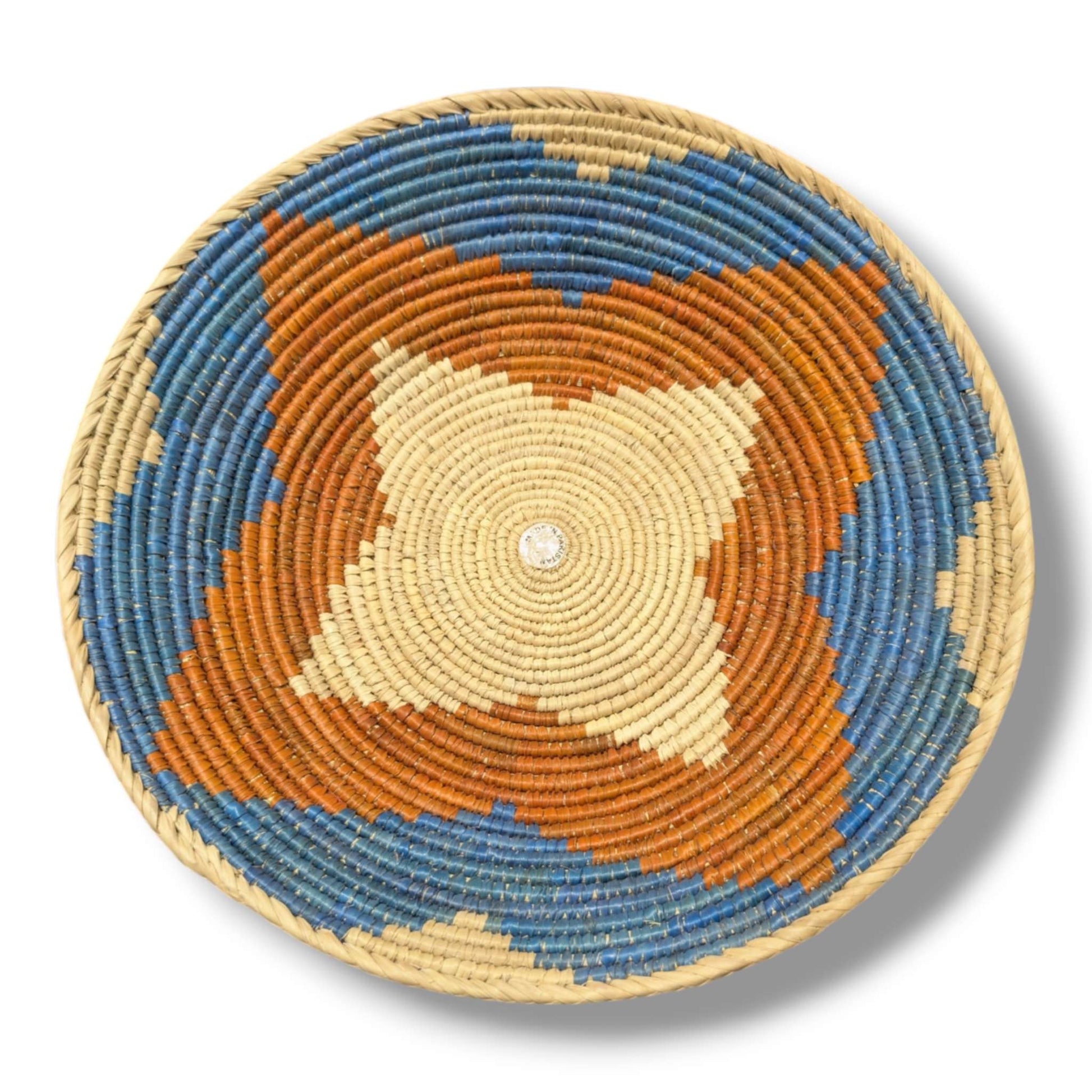 Handwoven Pakistani Coil Basket Sky Blue and Burnt Orange Three - Section Swirl - SunWest Treasures