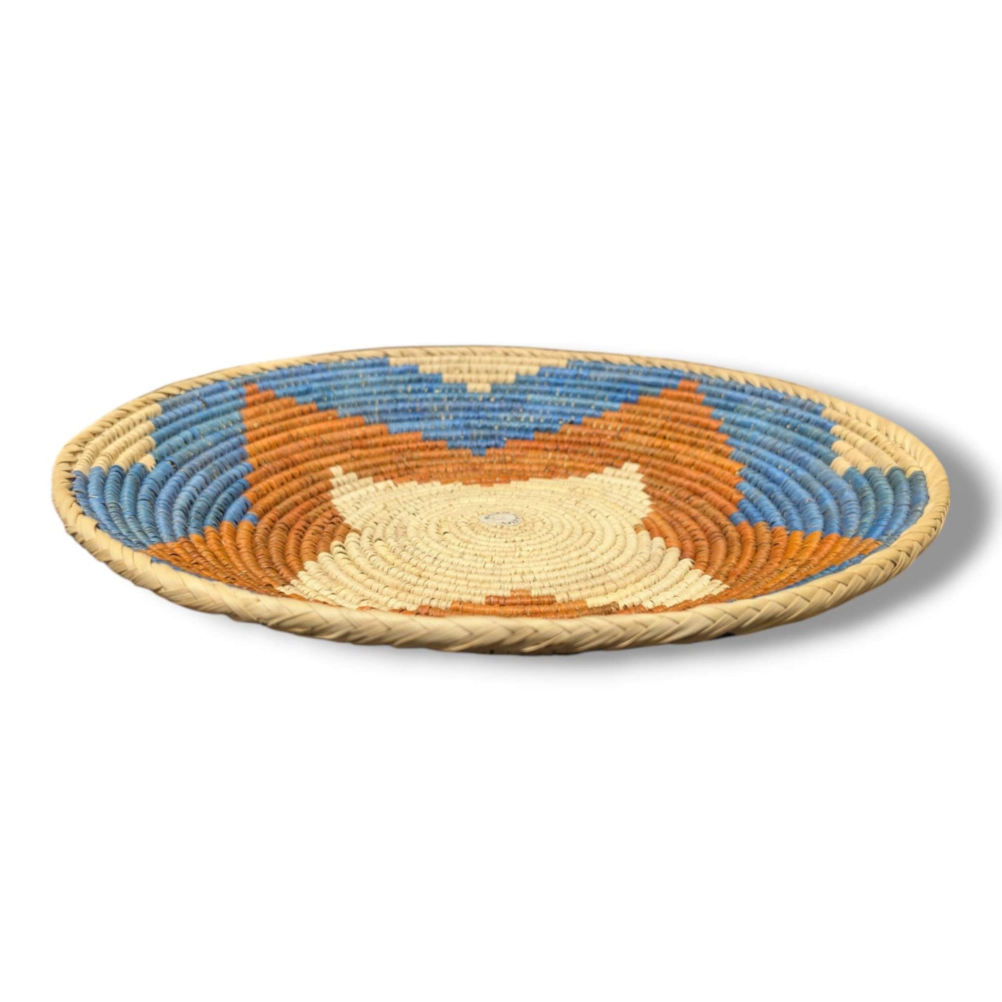 Handwoven Pakistani Coil Basket Sky Blue and Burnt Orange Three - Section Swirl - SunWest Treasures