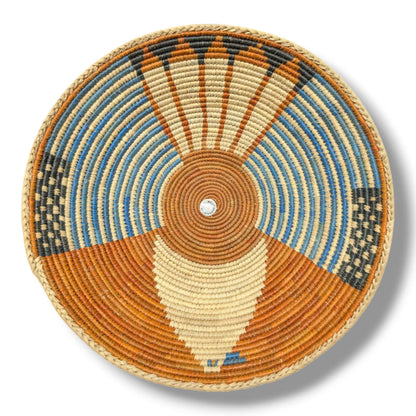 Handwoven Pakistani Coil Basket Burnt Orange Sky Blue and Charcoal Four-Zone Sunray