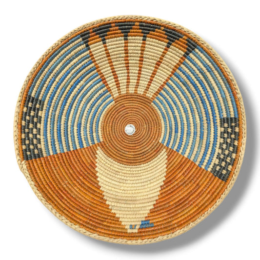 Handwoven Pakistani Coil Basket Burnt Orange Sky Blue and Charcoal Four-Zone Sunray