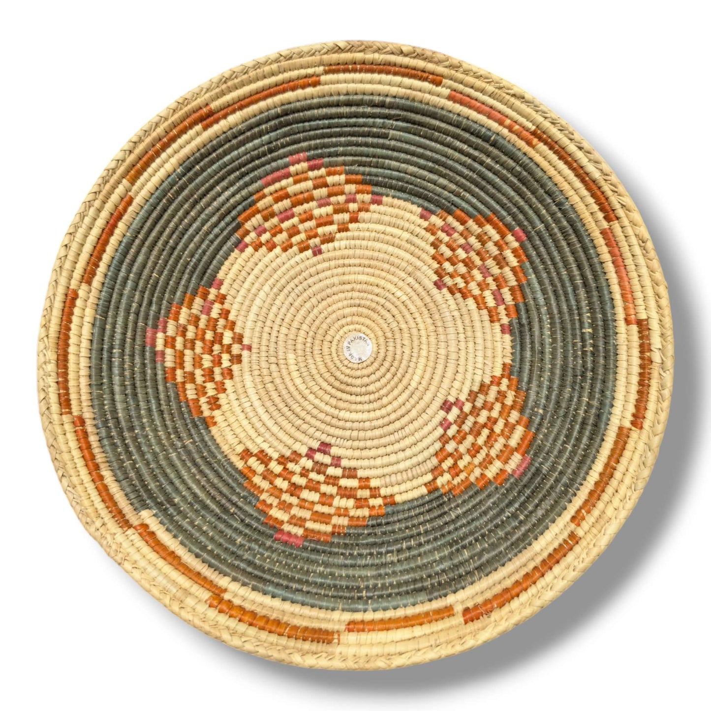 Handwoven Pakistani Coil Basket Slate Gray Rust and Coral Swirl Dash on Natural