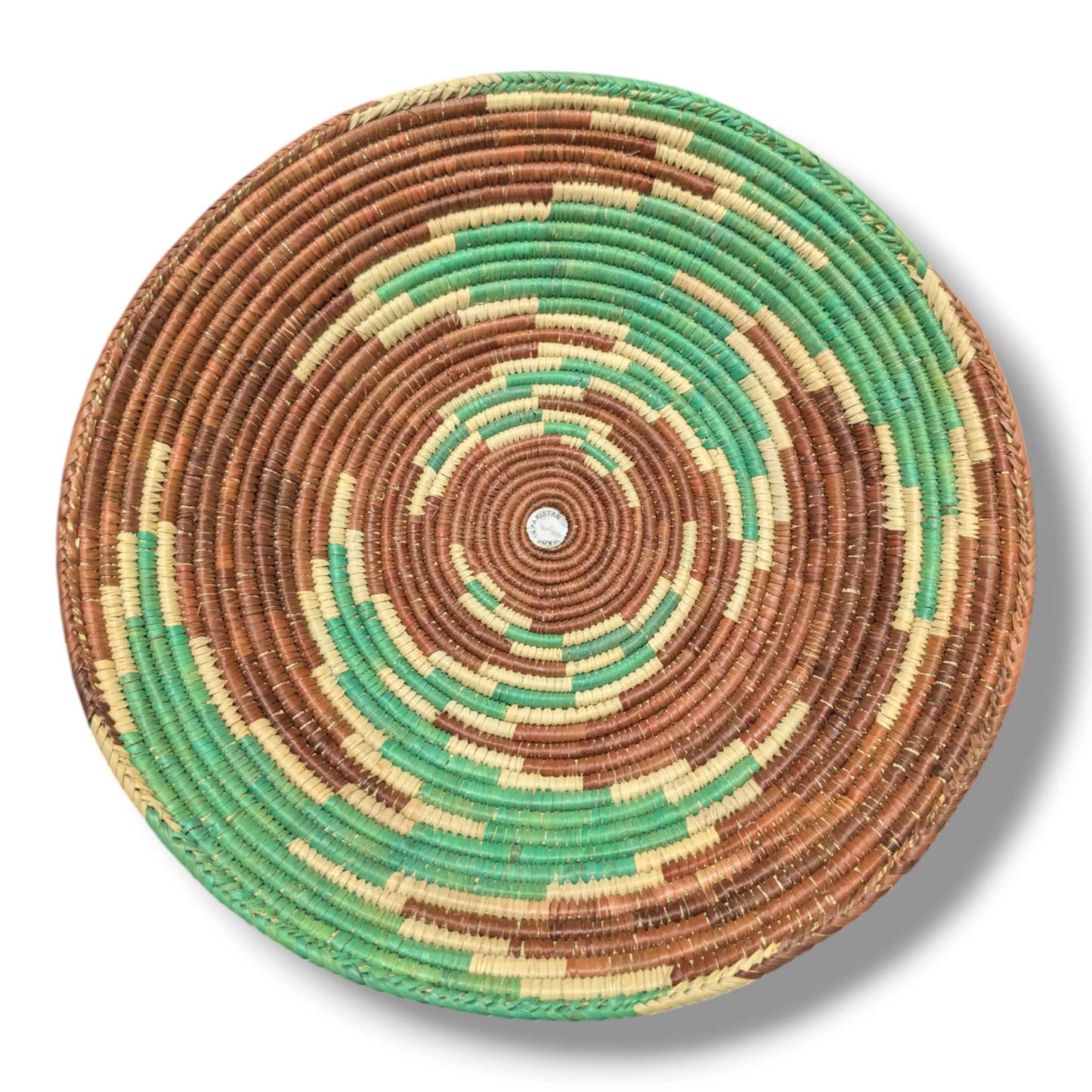 Handwoven Pakistani Coil Basket Chestnut Brown Kelly Green and Natural Deep Spiral