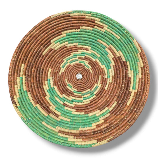 Handwoven Pakistani Coil Basket Chestnut Brown Kelly Green and Natural Deep Spiral