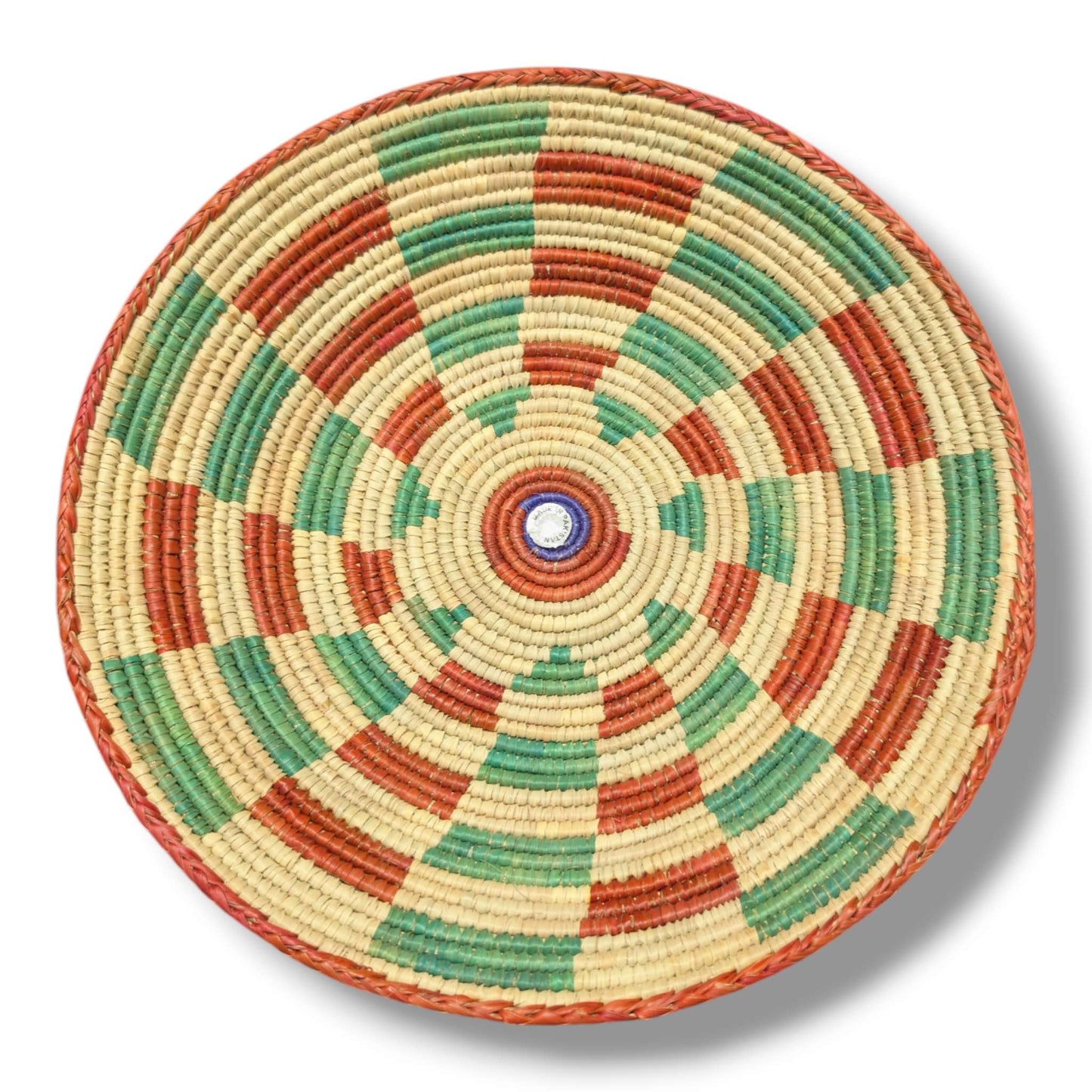 Handwoven Pakistani Coil Basket Rust Orange Kelly Green and Natural Spinning Wheel - SunWest Treasures