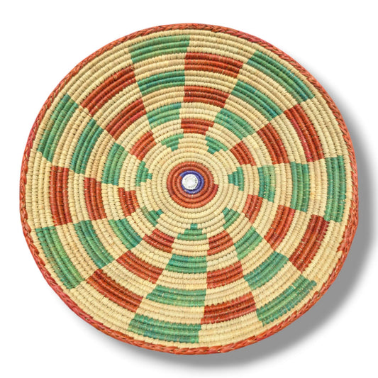 Handwoven Pakistani Coil Basket Rust Orange Kelly Green and Natural Spinning Wheel - SunWest Treasures
