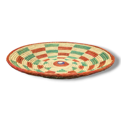 Handwoven Pakistani Coil Basket Rust Orange Kelly Green and Natural Spinning Wheel - SunWest Treasures