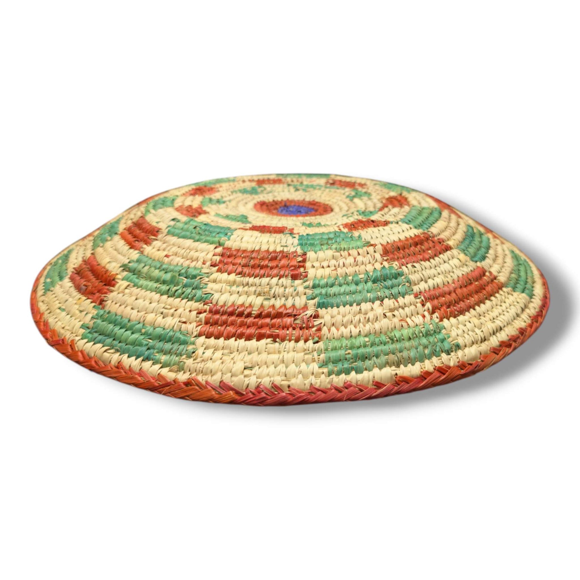 Handwoven Pakistani Coil Basket Rust Orange Kelly Green and Natural Spinning Wheel - SunWest Treasures