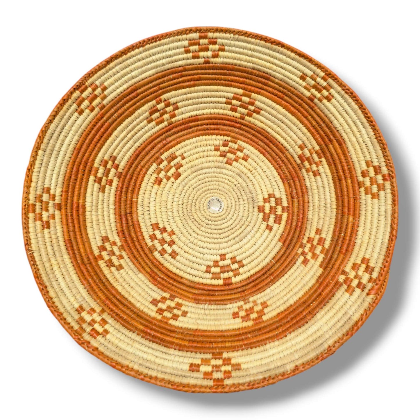 Handwoven Pakistani Coil Basket Amber Orange and Natural Straw Diamond Checker - SunWest Treasures