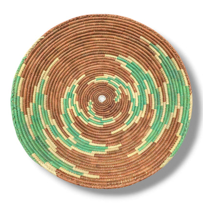 Handwoven Pakistani Coil Basket Chestnut Brown Kelly Green and Natural Spiral Dash - SunWest Treasures