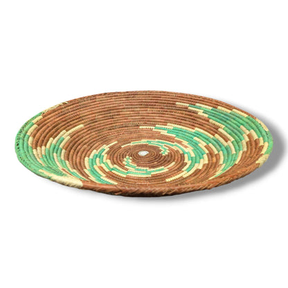 Handwoven Pakistani Coil Basket Chestnut Brown Kelly Green and Natural Spiral Dash - SunWest Treasures