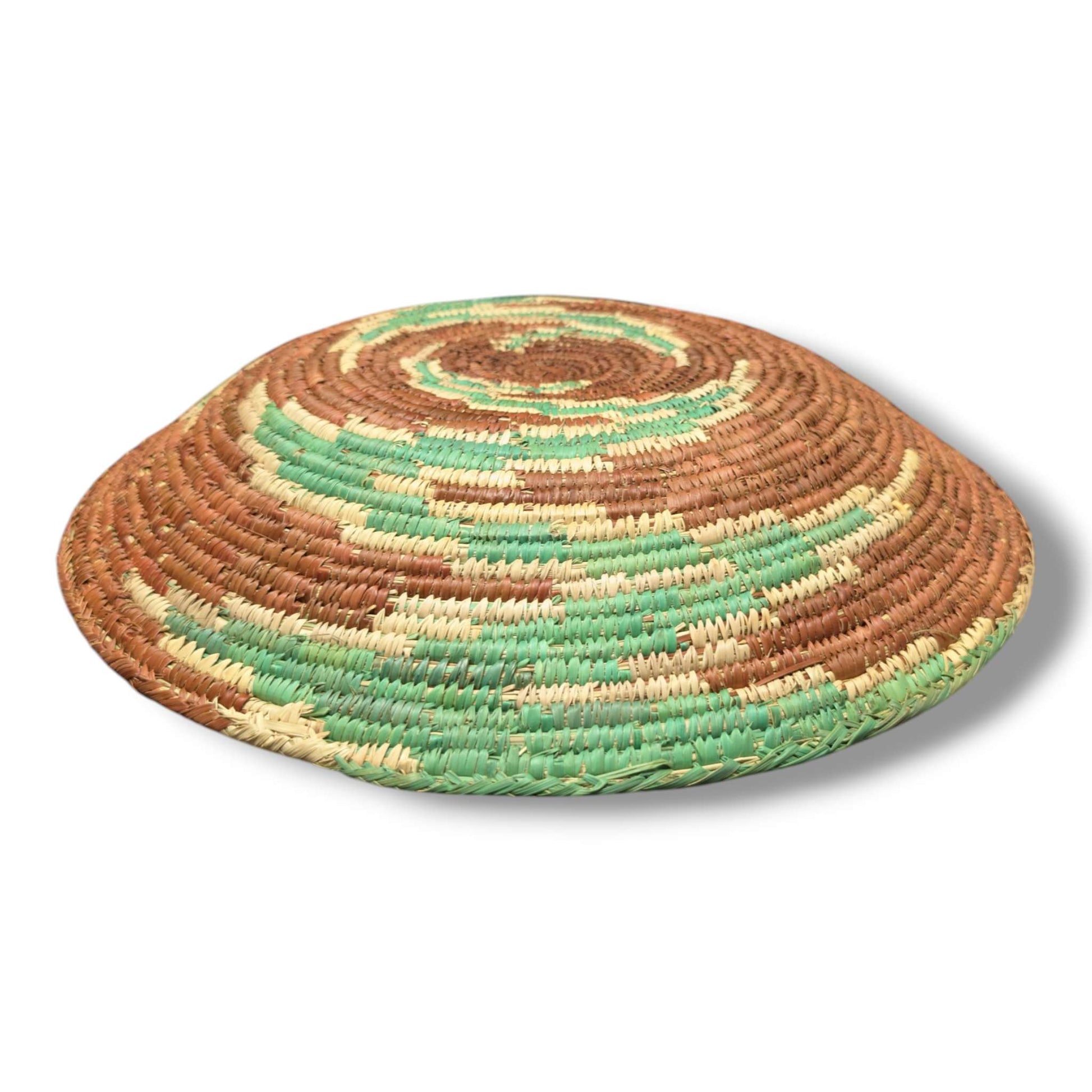 Handwoven Pakistani Coil Basket Chestnut Brown Kelly Green and Natural Spiral Dash - SunWest Treasures