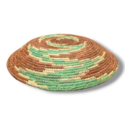Handwoven Pakistani Coil Basket Chestnut Brown Kelly Green and Natural Spiral Dash - SunWest Treasures
