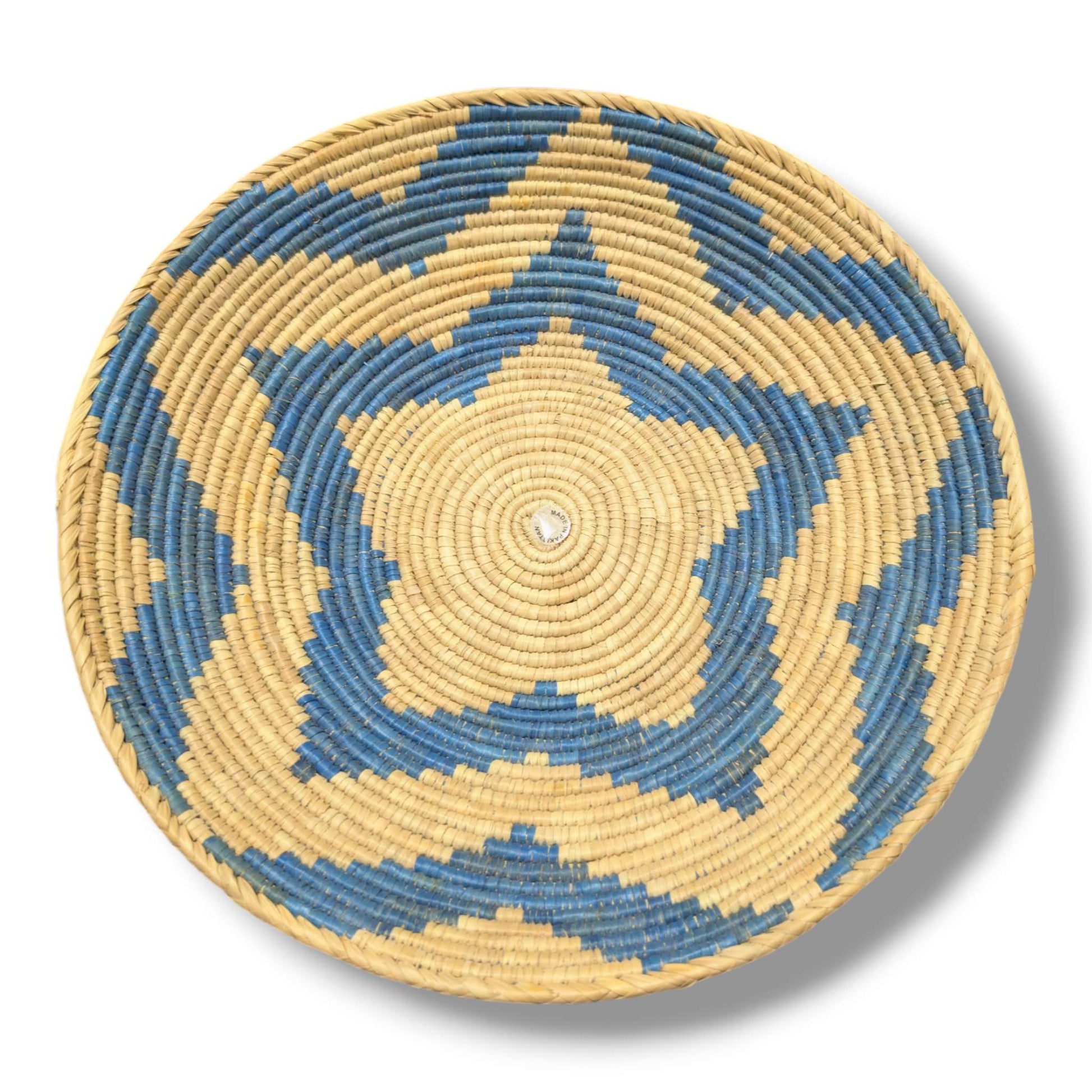 Handwoven Pakistani Coil Basket Cornflower Blue and Natural Straw Three - Arm Pinwheel - SunWest Treasures