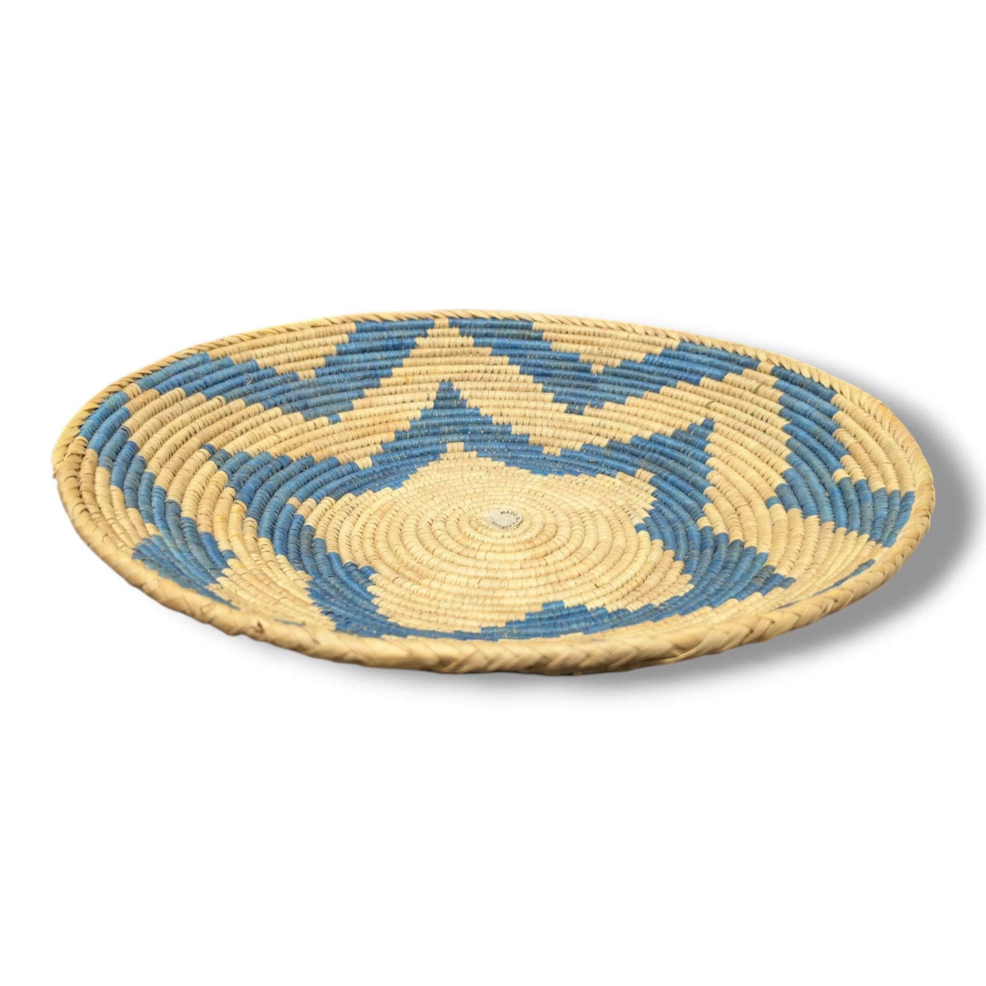 Handwoven Pakistani Coil Basket Cornflower Blue and Natural Straw Three - Arm Pinwheel - SunWest Treasures