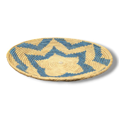Handwoven Pakistani Coil Basket Cornflower Blue and Natural Straw Three - Arm Pinwheel - SunWest Treasures