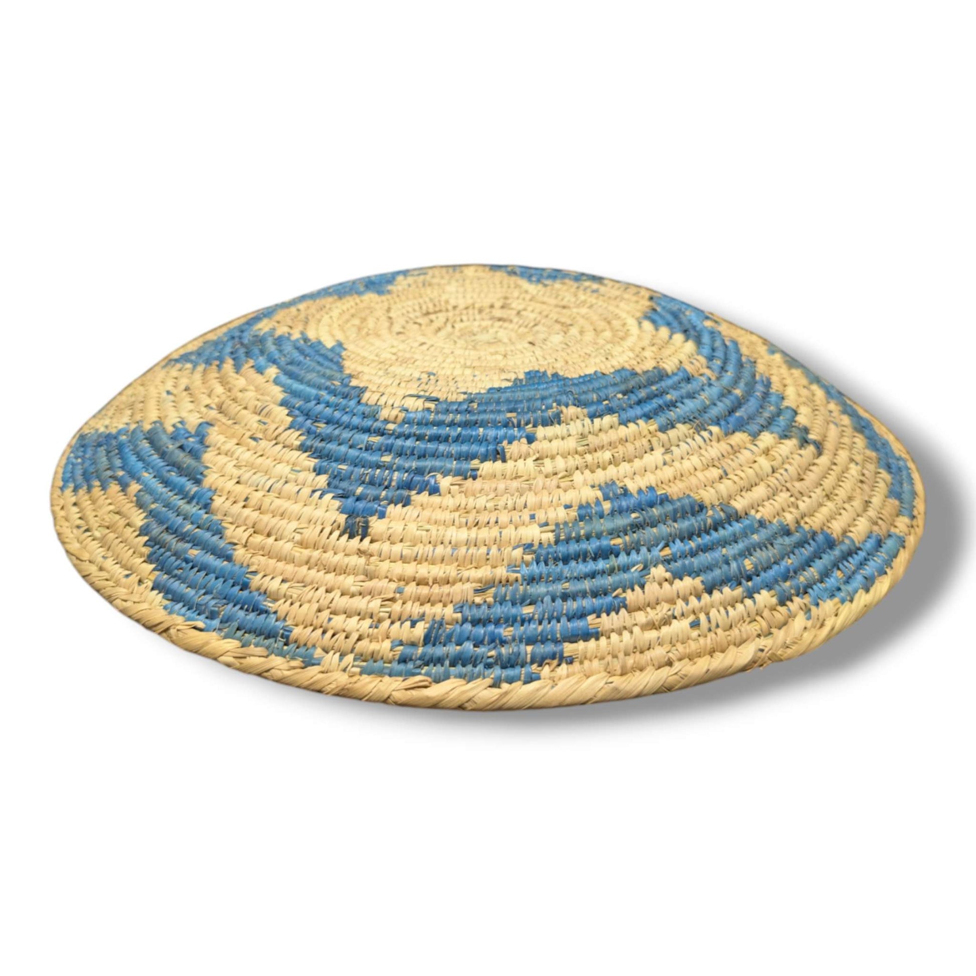 Handwoven Pakistani Coil Basket Cornflower Blue and Natural Straw Three - Arm Pinwheel - SunWest Treasures