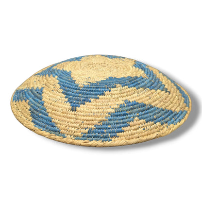 Handwoven Pakistani Coil Basket Cornflower Blue and Natural Straw Three - Arm Pinwheel - SunWest Treasures