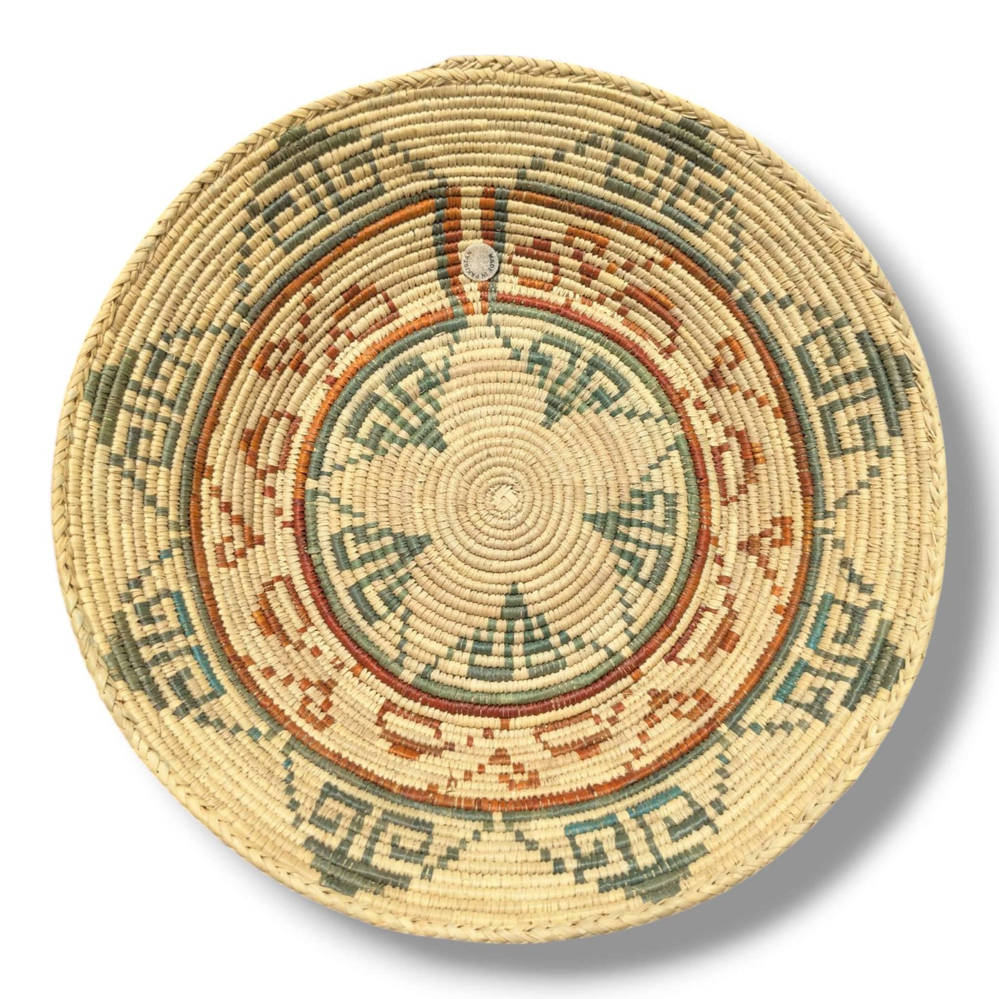 Handwoven Pakistani Coil Basket Sage Green Rust and Turquoise Greek Key Maze