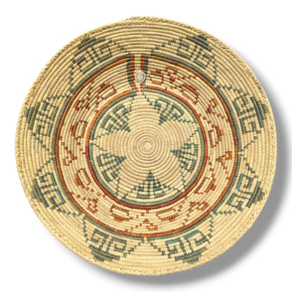Handwoven Pakistani Coil Basket Sage Green Rust and Turquoise Greek Key Maze
