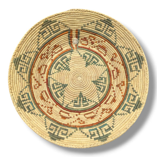 Handwoven Pakistani Coil Basket Sage Green Rust and Turquoise Greek Key Maze