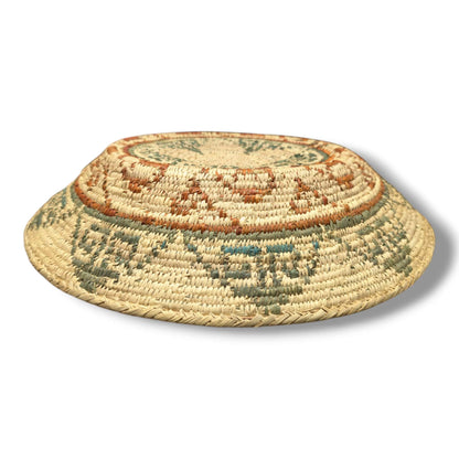 Handwoven Pakistani Coil Basket Sage Green Rust and Turquoise Greek Key Maze