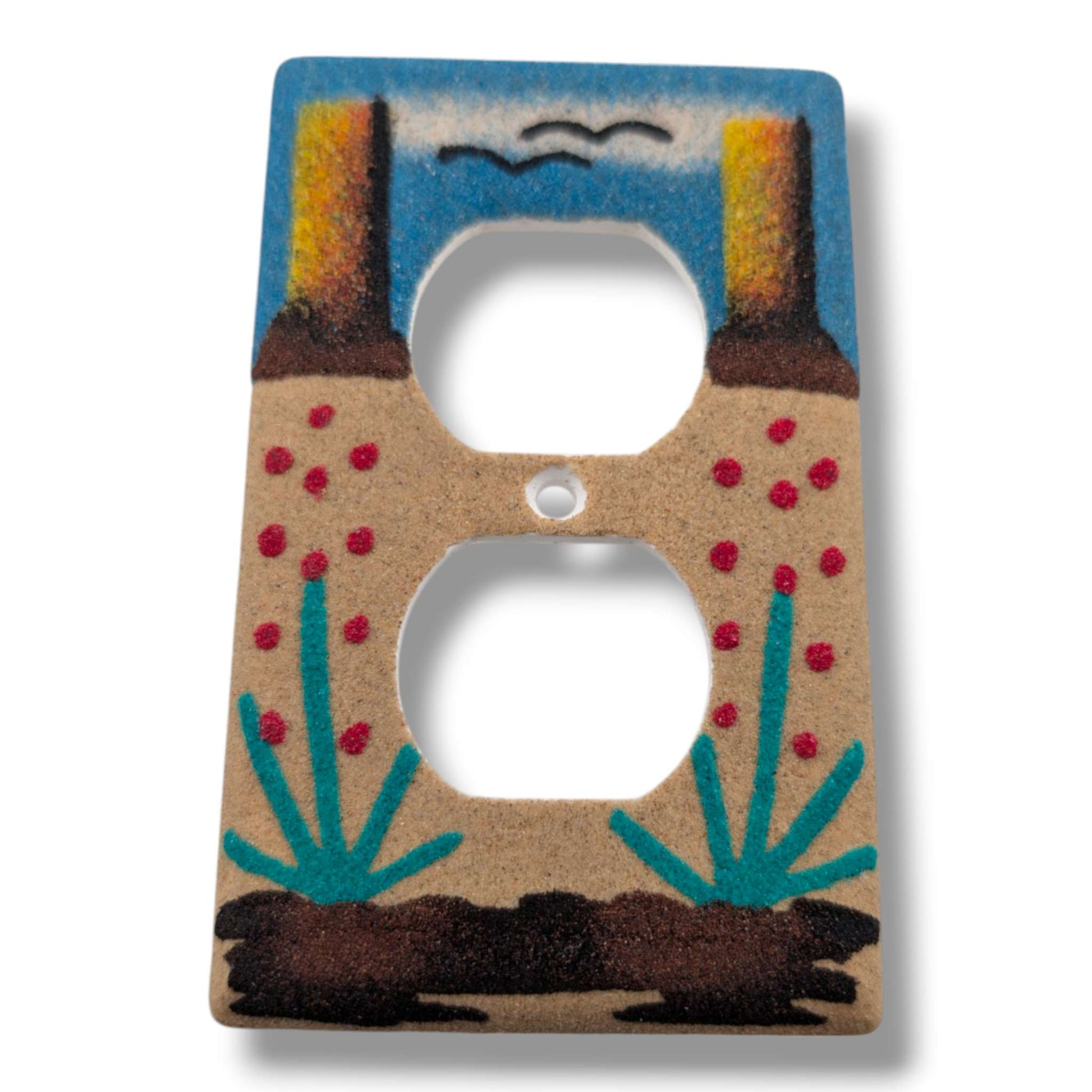 Navajo Sand Painting Outlet Cover Desert Mesa Agave and Red Berries Duplex - SunWest Treasures