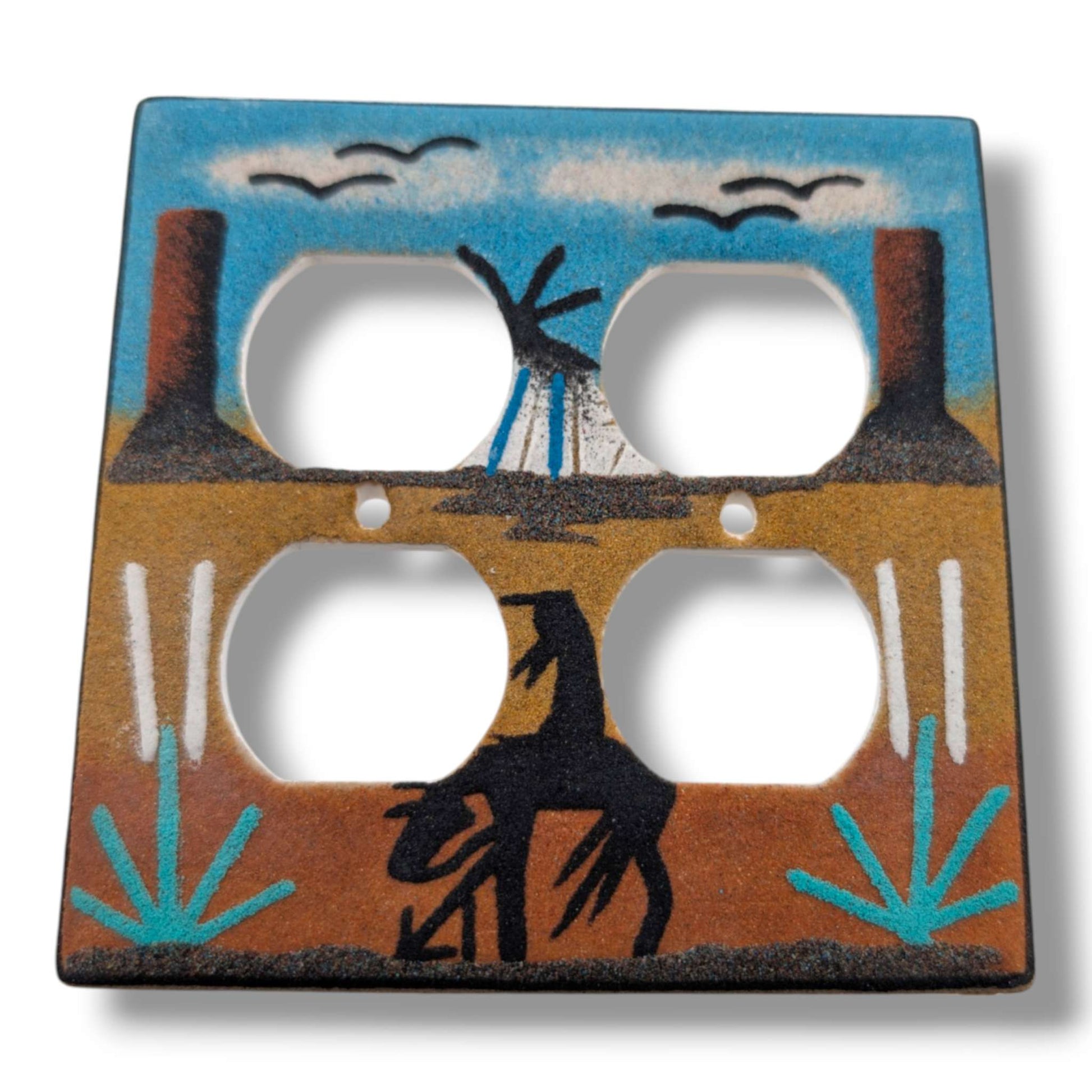 Navajo Sand Painting Outlet Cover Rearing Horse and Teepee Canyon Double Duplex - SunWest Treasures