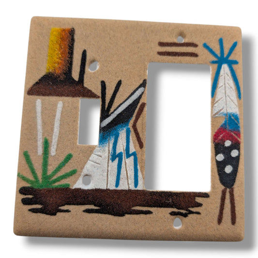 Navajo Sand Painting Combo Plate Teepee Mesa and Ceremonial Feather Rocker and Toggle - SunWest Treasures