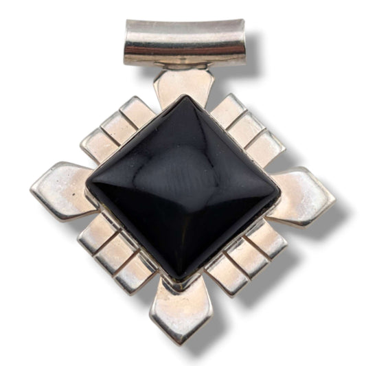 Sterling Silver Black Onyx Geometric Cross Diamond Pendant Mexico 925 - SunWest Treasures