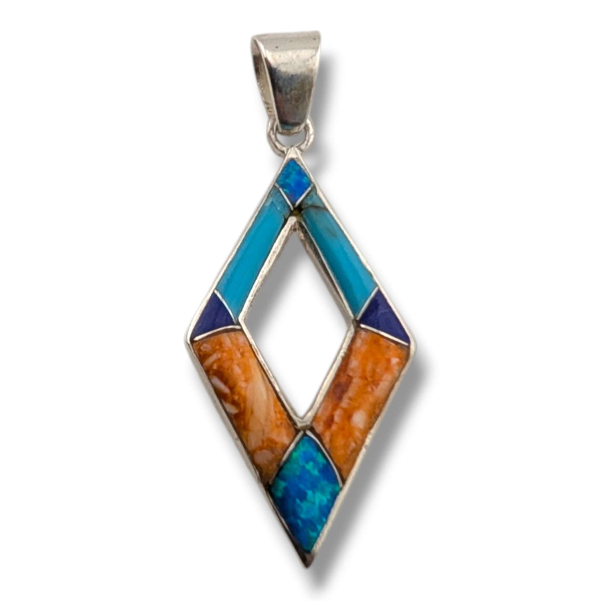 Sterling Silver Multi - Stone Inlay Open Diamond Pendant Turquoise Opal Spiny Oyster Lapis - SunWest Treasures