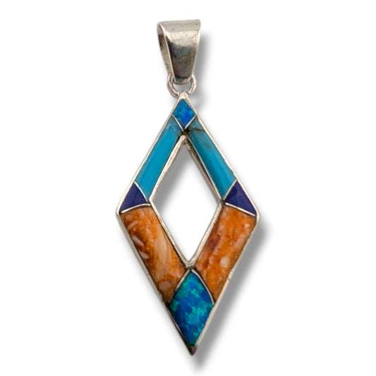 Sterling Silver Multi - Stone Inlay Open Diamond Pendant Turquoise Opal Spiny Oyster Lapis - SunWest Treasures