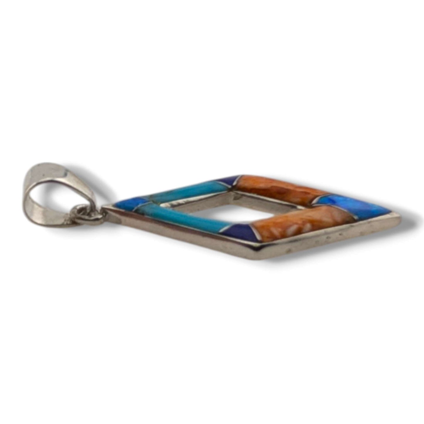 Sterling Silver Multi - Stone Inlay Open Diamond Pendant Turquoise Opal Spiny Oyster Lapis - SunWest Treasures