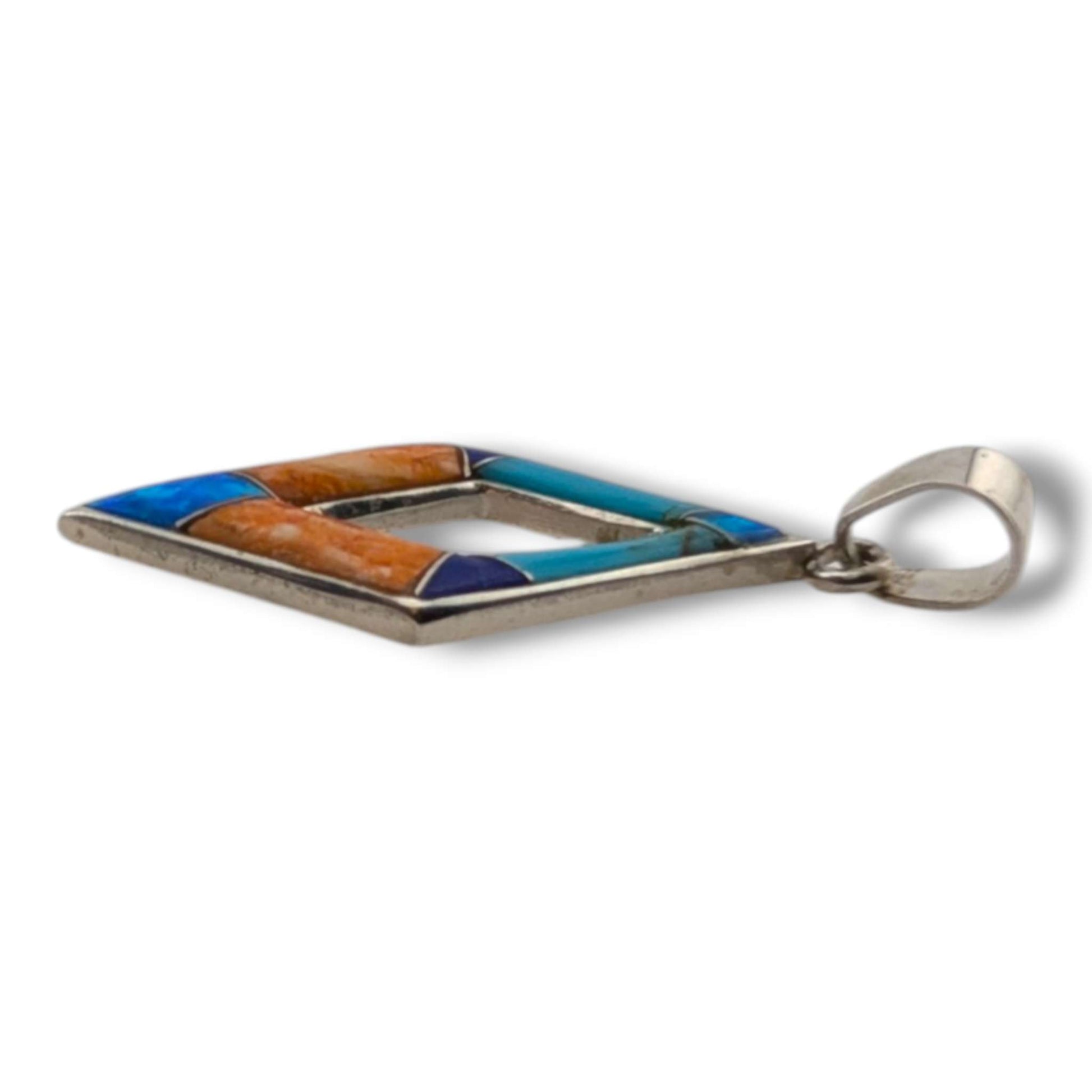 Sterling Silver Multi - Stone Inlay Open Diamond Pendant Turquoise Opal Spiny Oyster Lapis - SunWest Treasures
