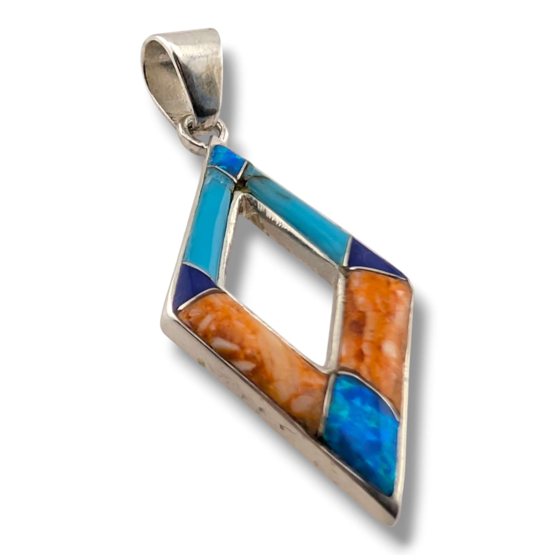 Sterling Silver Multi - Stone Inlay Open Diamond Pendant Turquoise Opal Spiny Oyster Lapis - SunWest Treasures